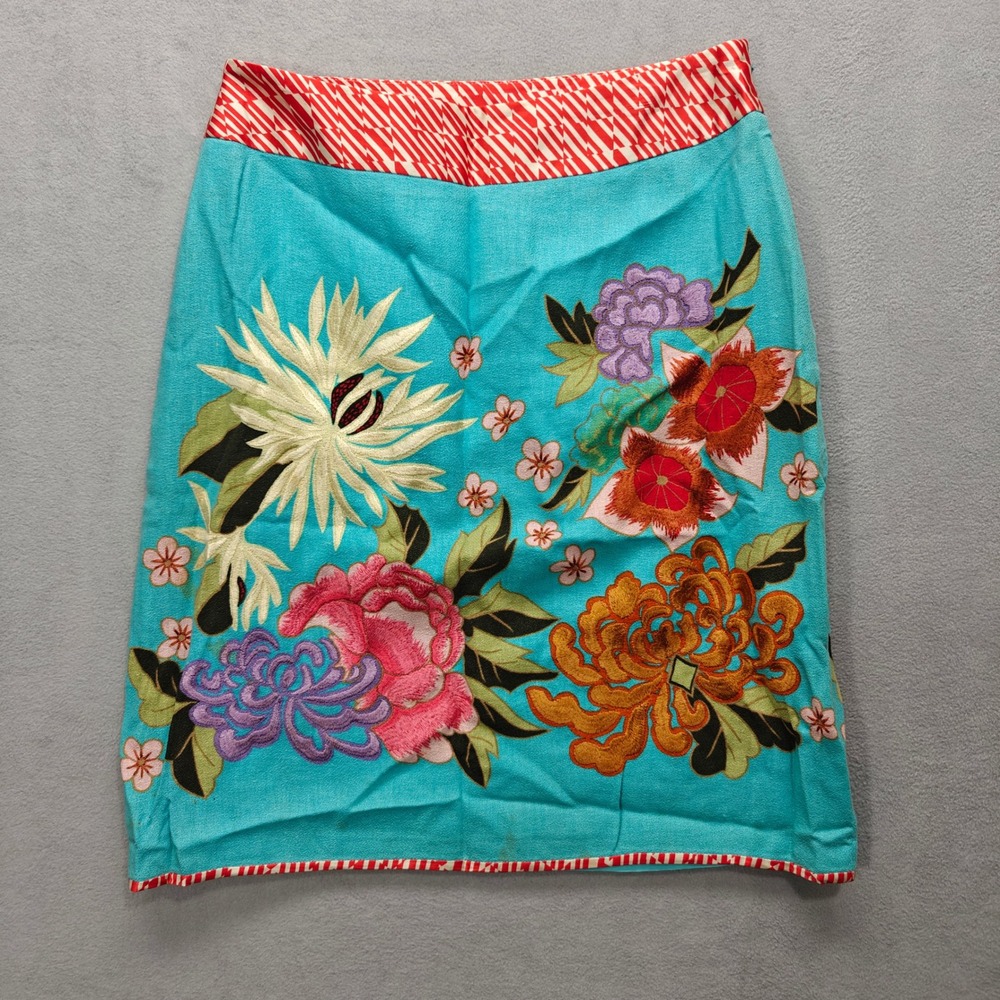 Etcetera Floral Pencil Skirt Women Size 0 Linen Blend Retro Embroidered Colorful